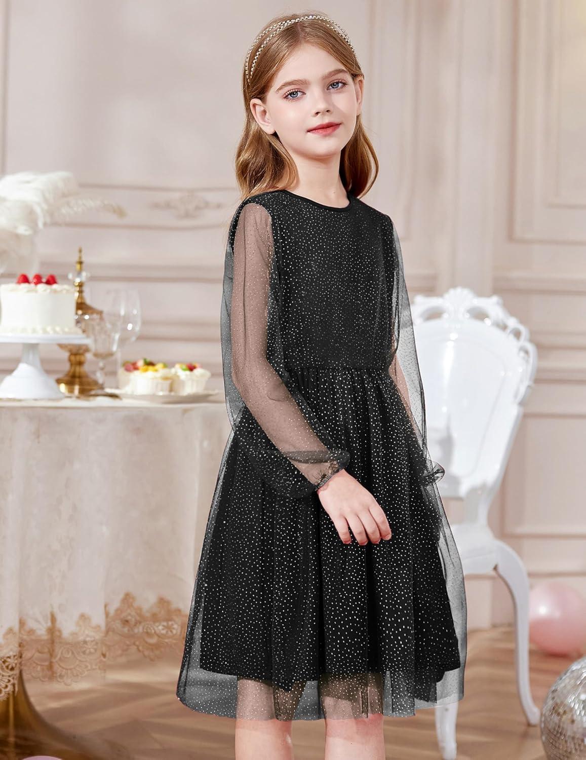 image:imageArshiner Girls Mesh Dress Long Sleeve Tulle Sparkle Glitter Polka Dot Party Holiday Dresses Kids ClothesBlack