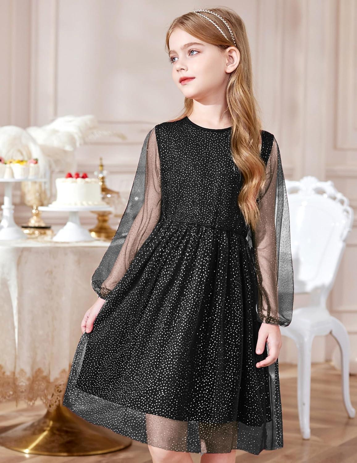 image:imageArshiner Girls Mesh Dress Long Sleeve Tulle Sparkle Glitter Polka Dot Party Holiday Dresses Kids ClothesBlack