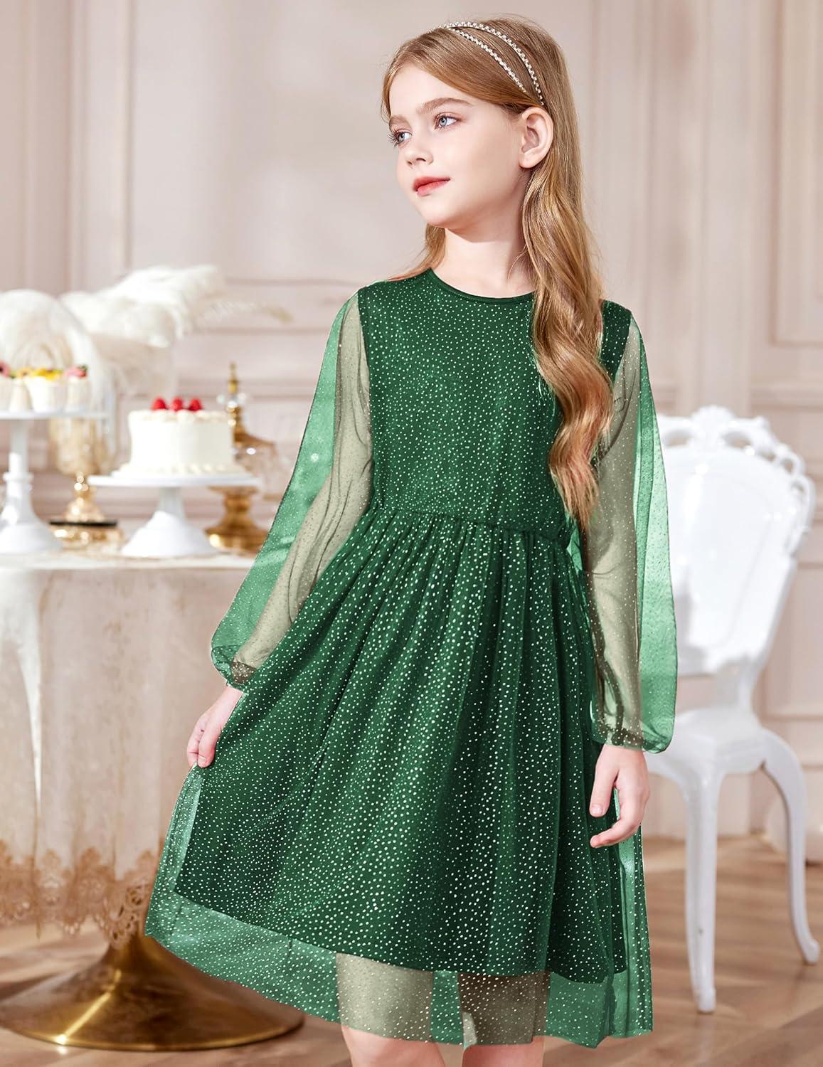 image:imageArshiner Girls Mesh Dress Long Sleeve Tulle Sparkle Glitter Polka Dot Party Holiday Dresses Kids ClothesBright Green