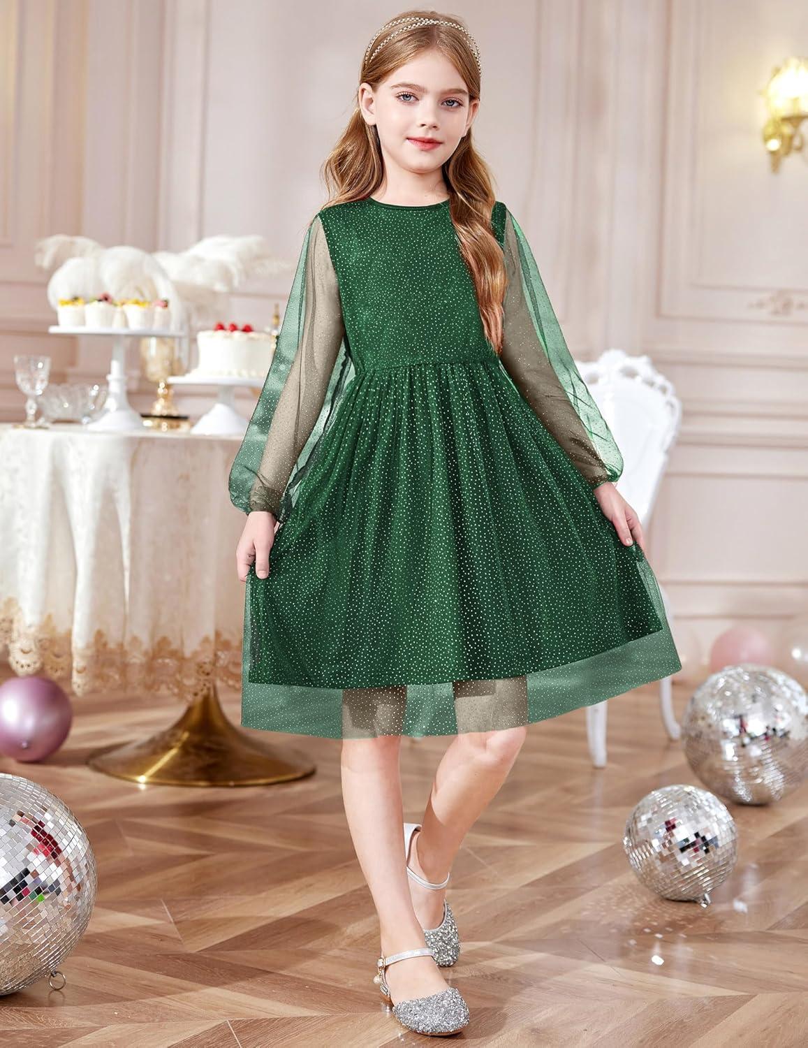 image:imageArshiner Girls Mesh Dress Long Sleeve Tulle Sparkle Glitter Polka Dot Party Holiday Dresses Kids ClothesBright Green