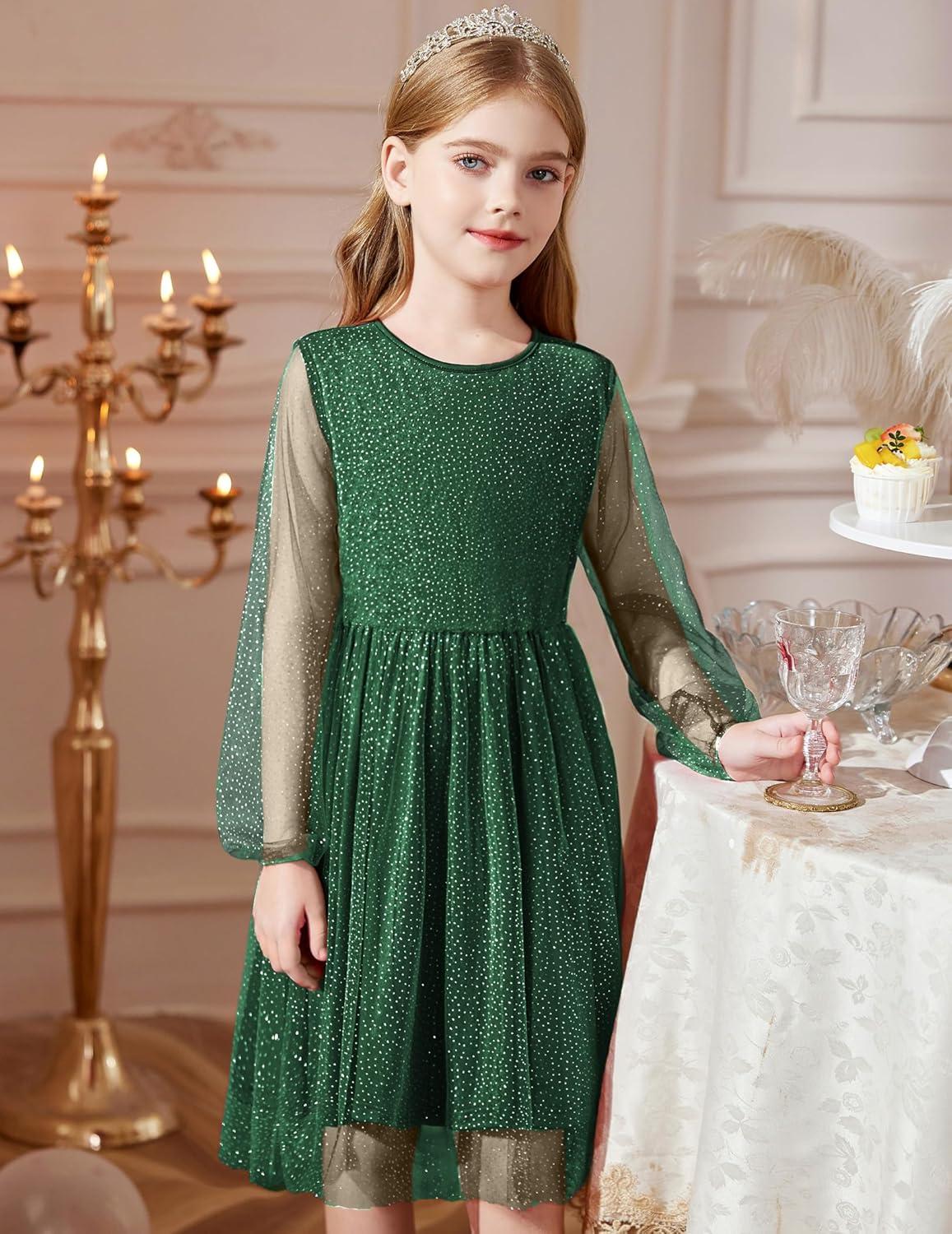 image:imageArshiner Girls Mesh Dress Long Sleeve Tulle Sparkle Glitter Polka Dot Party Holiday Dresses Kids ClothesBright Green