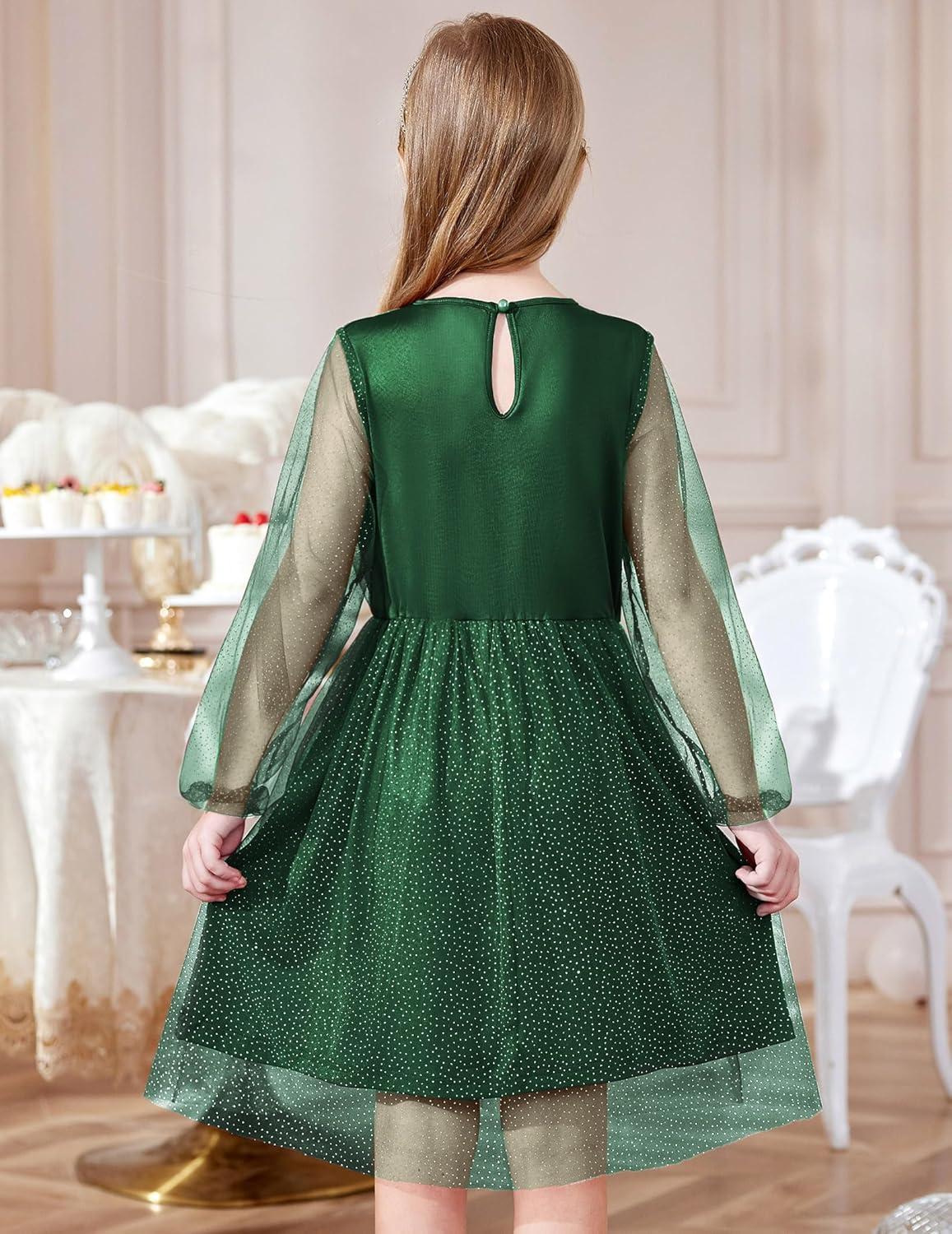 image:imageArshiner Girls Mesh Dress Long Sleeve Tulle Sparkle Glitter Polka Dot Party Holiday Dresses Kids ClothesBright Green