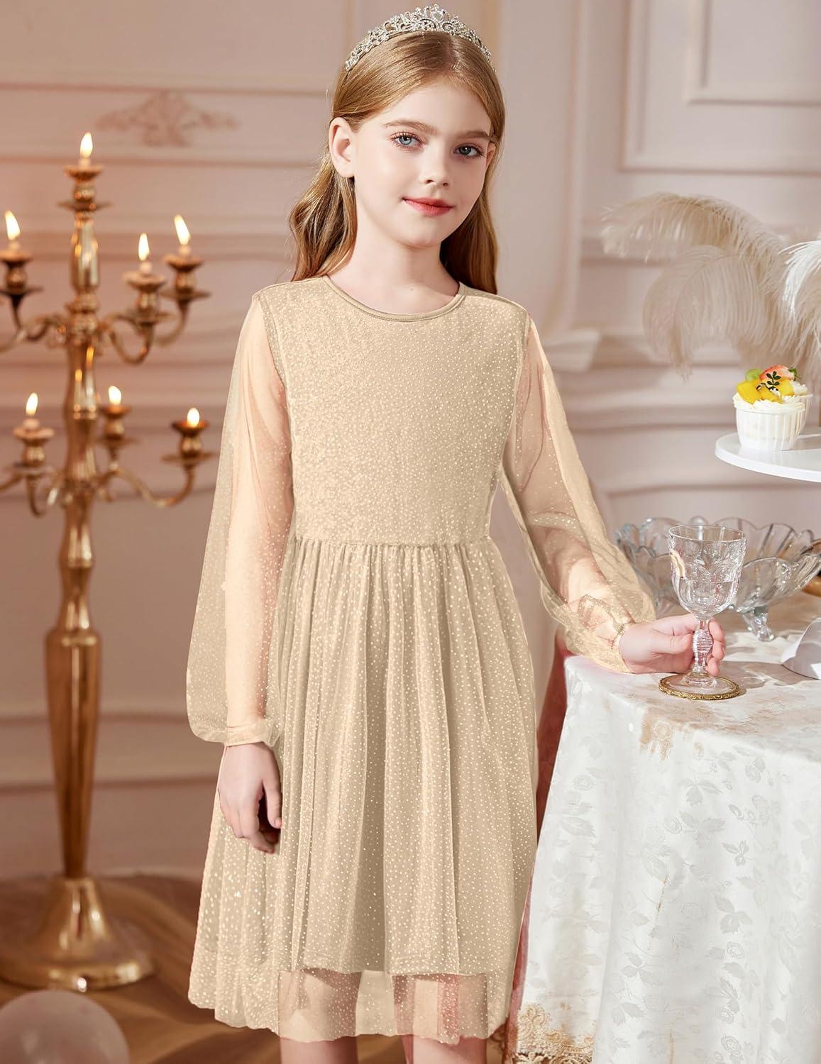image:imageArshiner Girls Mesh Dress Long Sleeve Tulle Sparkle Glitter Polka Dot Party Holiday Dresses Kids ClothesChampagne