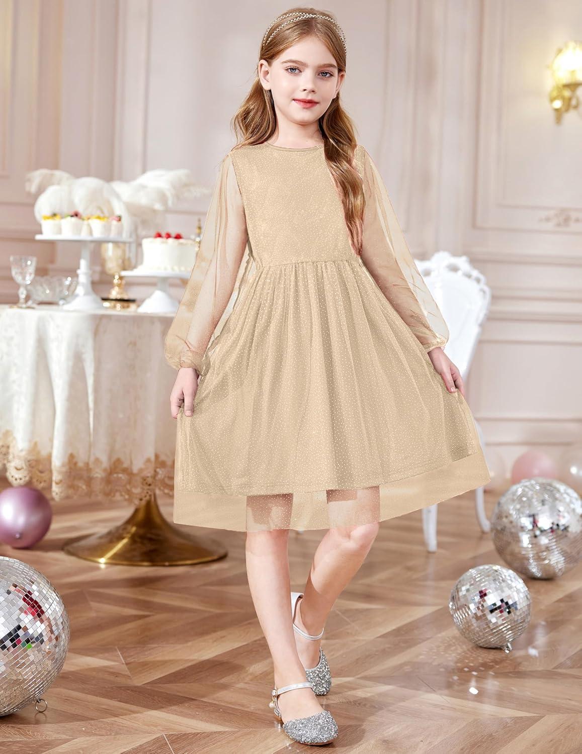 image:imageArshiner Girls Mesh Dress Long Sleeve Tulle Sparkle Glitter Polka Dot Party Holiday Dresses Kids ClothesChampagne