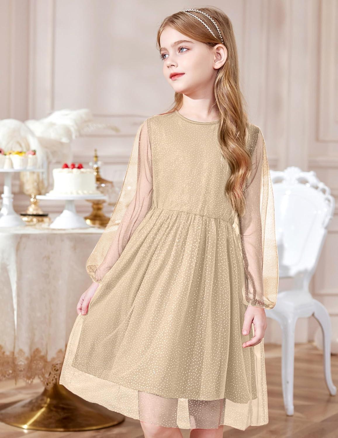 image:imageArshiner Girls Mesh Dress Long Sleeve Tulle Sparkle Glitter Polka Dot Party Holiday Dresses Kids ClothesChampagne