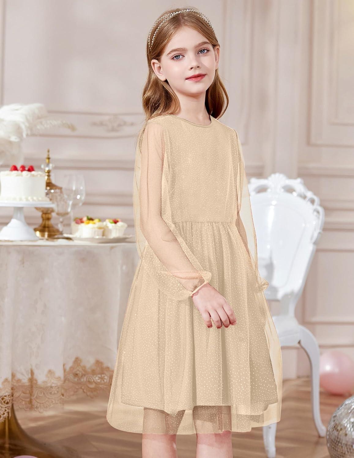 image:imageArshiner Girls Mesh Dress Long Sleeve Tulle Sparkle Glitter Polka Dot Party Holiday Dresses Kids ClothesChampagne