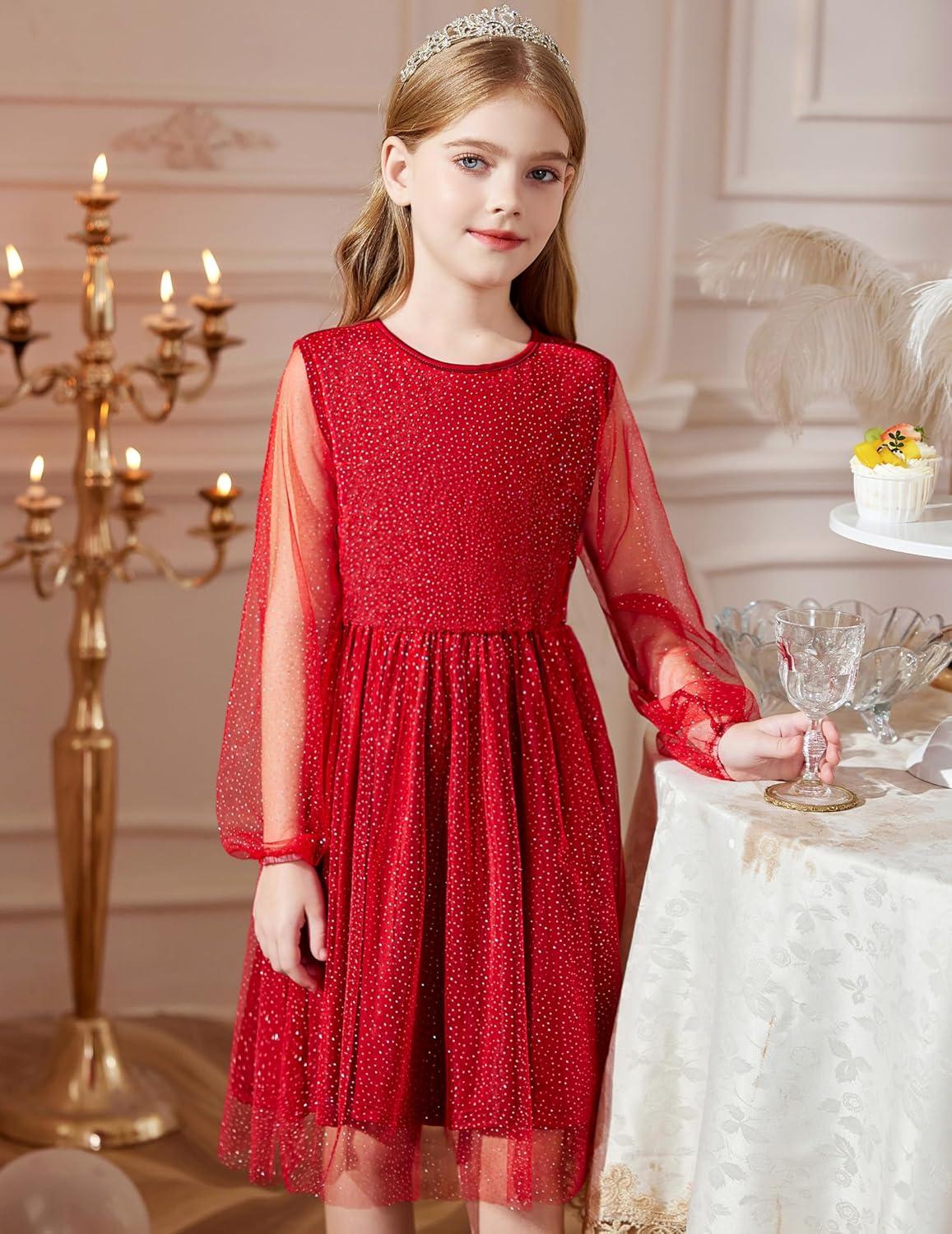 image:imageArshiner Girls Mesh Dress Long Sleeve Tulle Sparkle Glitter Polka Dot Party Holiday Dresses Kids ClothesDeep Red