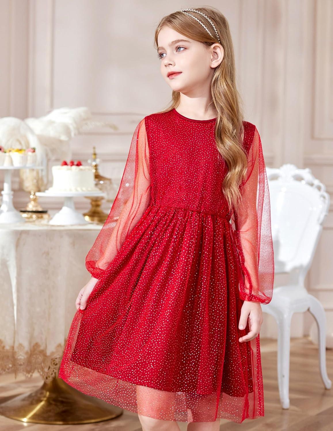 image:imageArshiner Girls Mesh Dress Long Sleeve Tulle Sparkle Glitter Polka Dot Party Holiday Dresses Kids ClothesDeep Red