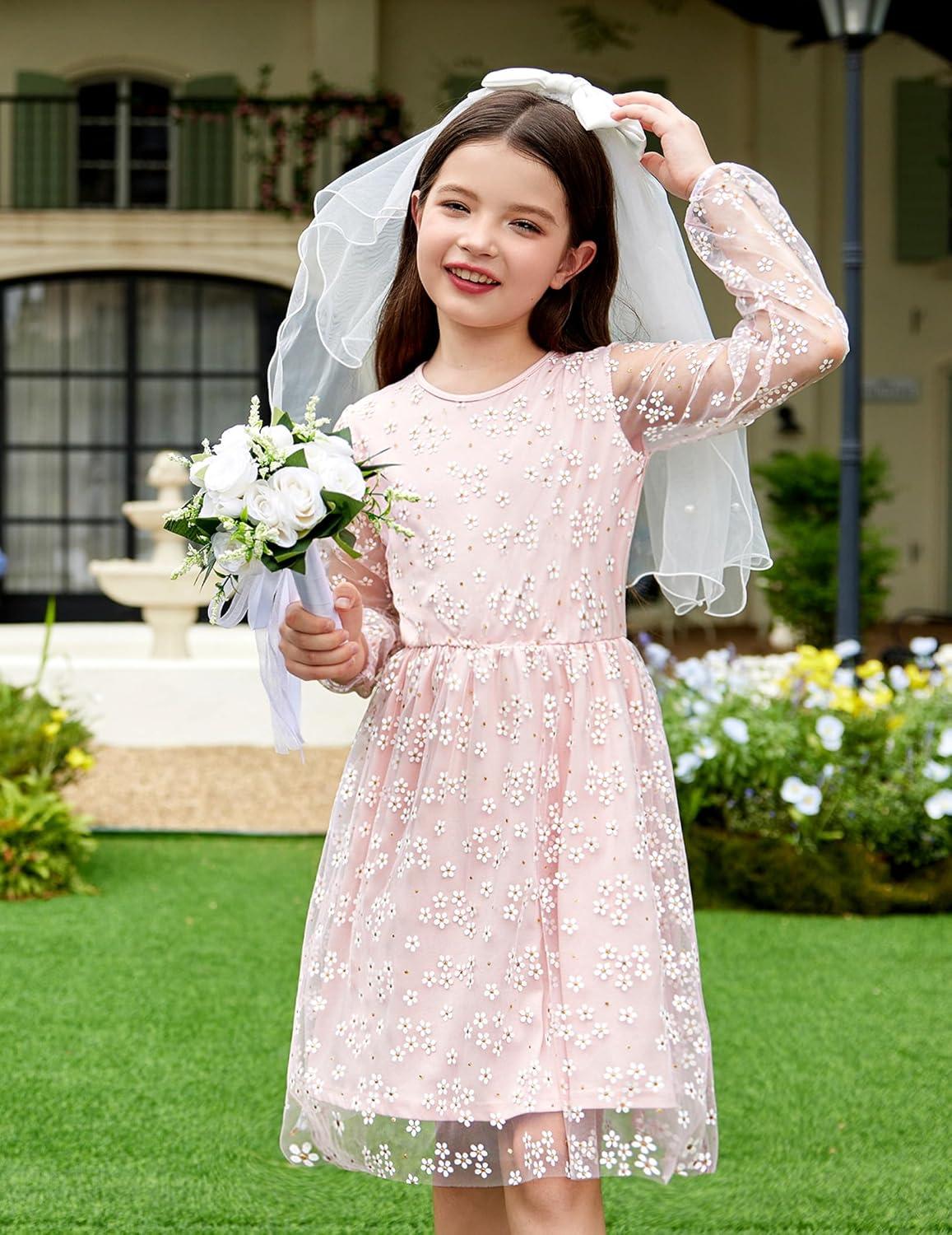 image:imageArshiner Girls Mesh Dress Long Sleeve Tulle Sparkle Glitter Polka Dot Party Holiday Dresses Kids ClothesLight Pink