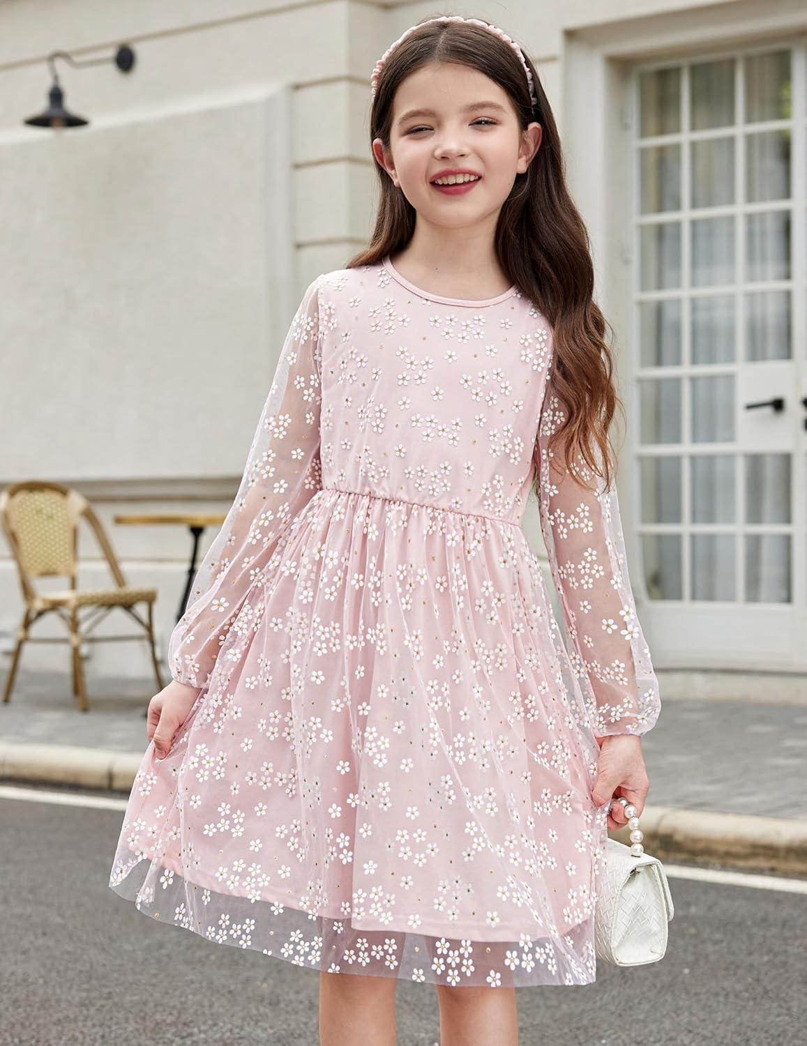 image:imageArshiner Girls Mesh Dress Long Sleeve Tulle Sparkle Glitter Polka Dot Party Holiday Dresses Kids ClothesLight Pink