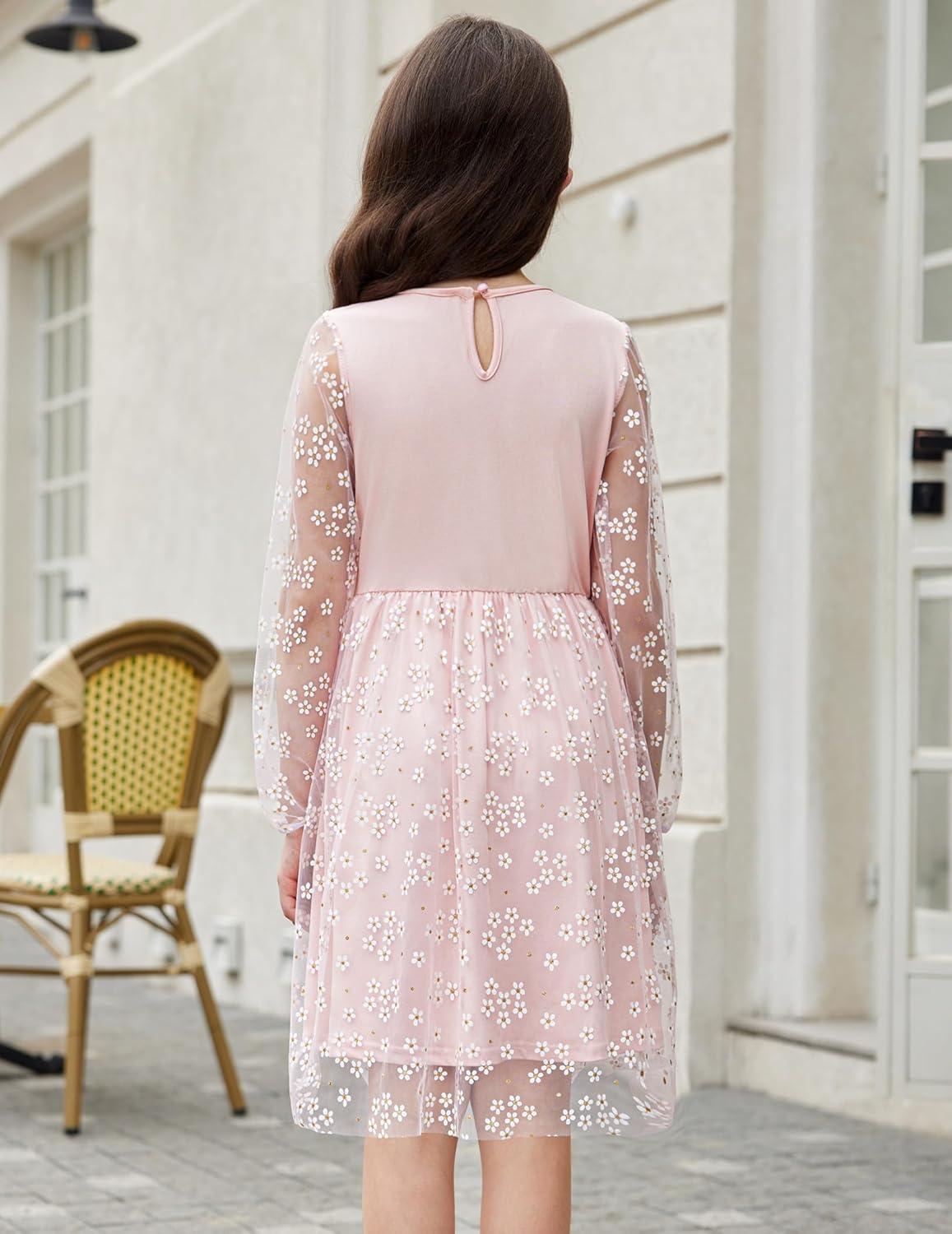 image:imageArshiner Girls Mesh Dress Long Sleeve Tulle Sparkle Glitter Polka Dot Party Holiday Dresses Kids ClothesLight Pink