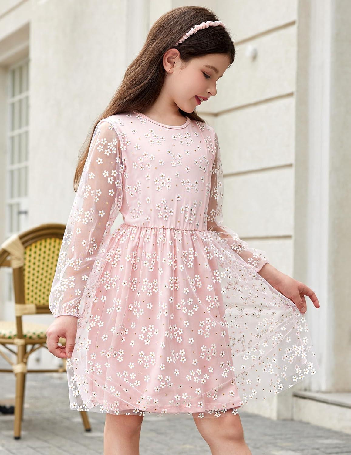 image:imageArshiner Girls Mesh Dress Long Sleeve Tulle Sparkle Glitter Polka Dot Party Holiday Dresses Kids ClothesLight Pink