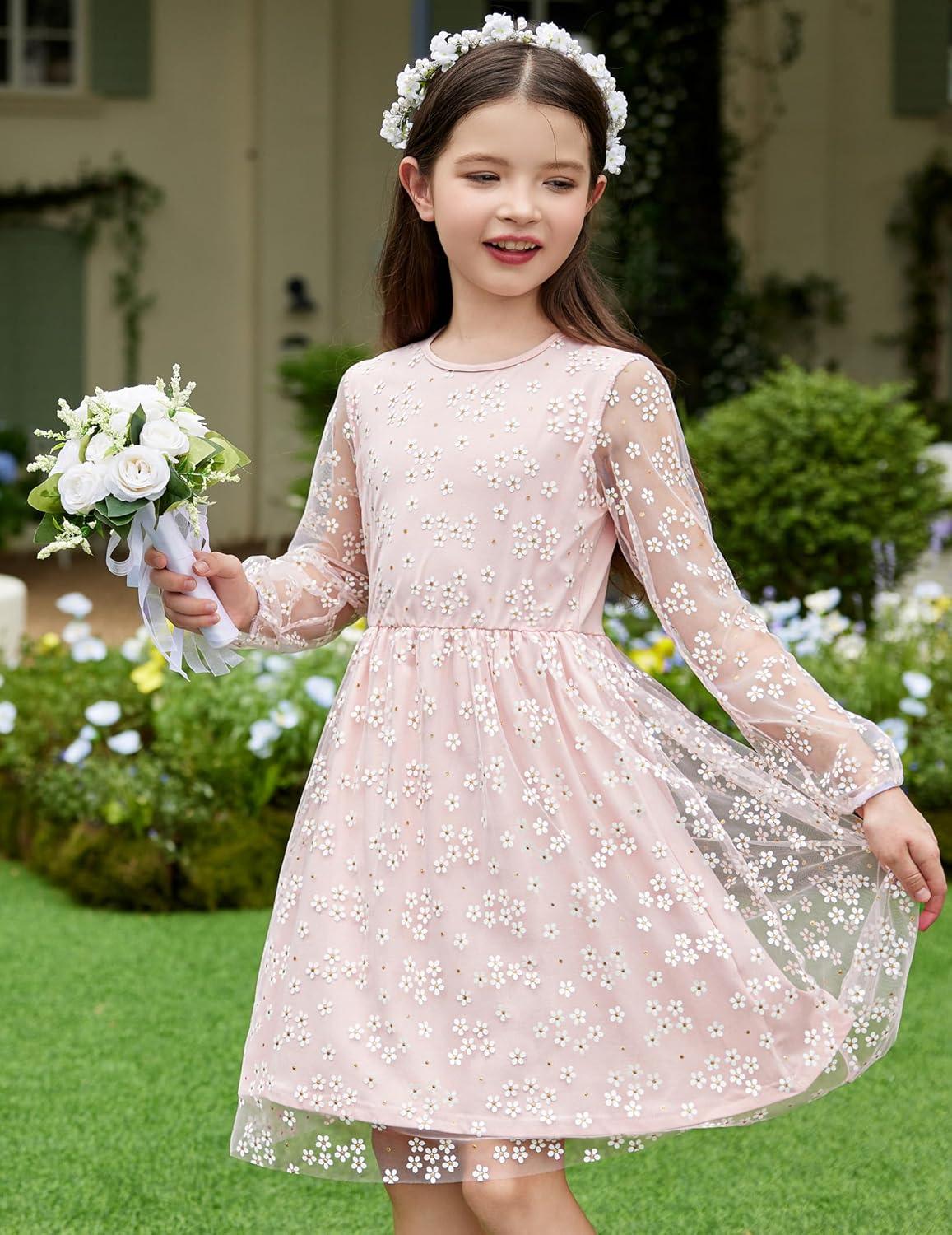 image:imageArshiner Girls Mesh Dress Long Sleeve Tulle Sparkle Glitter Polka Dot Party Holiday Dresses Kids ClothesLight Pink