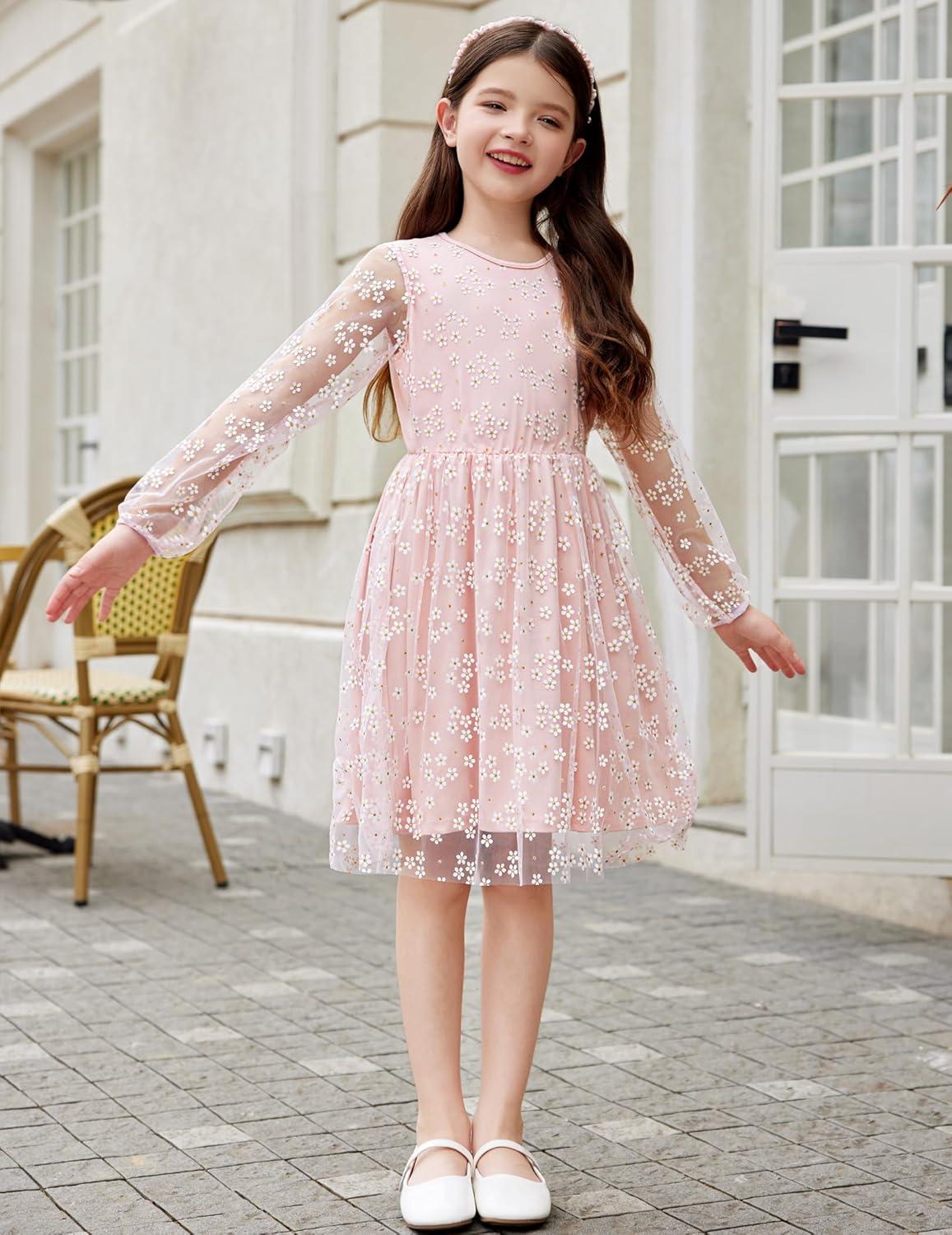 image:imageArshiner Girls Mesh Dress Long Sleeve Tulle Sparkle Glitter Polka Dot Party Holiday Dresses Kids ClothesLight Pink