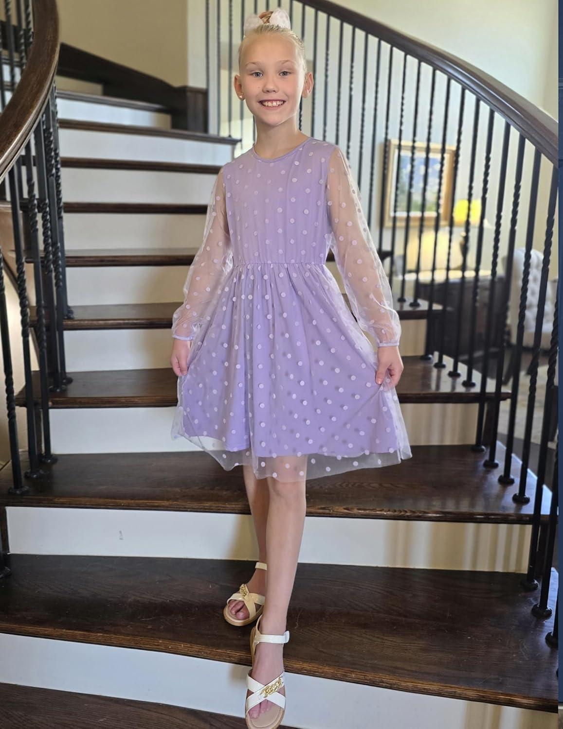 image:imageArshiner Girls Mesh Dress Long Sleeve Tulle Sparkle Glitter Polka Dot Party Holiday Dresses Kids ClothesLilac Purple