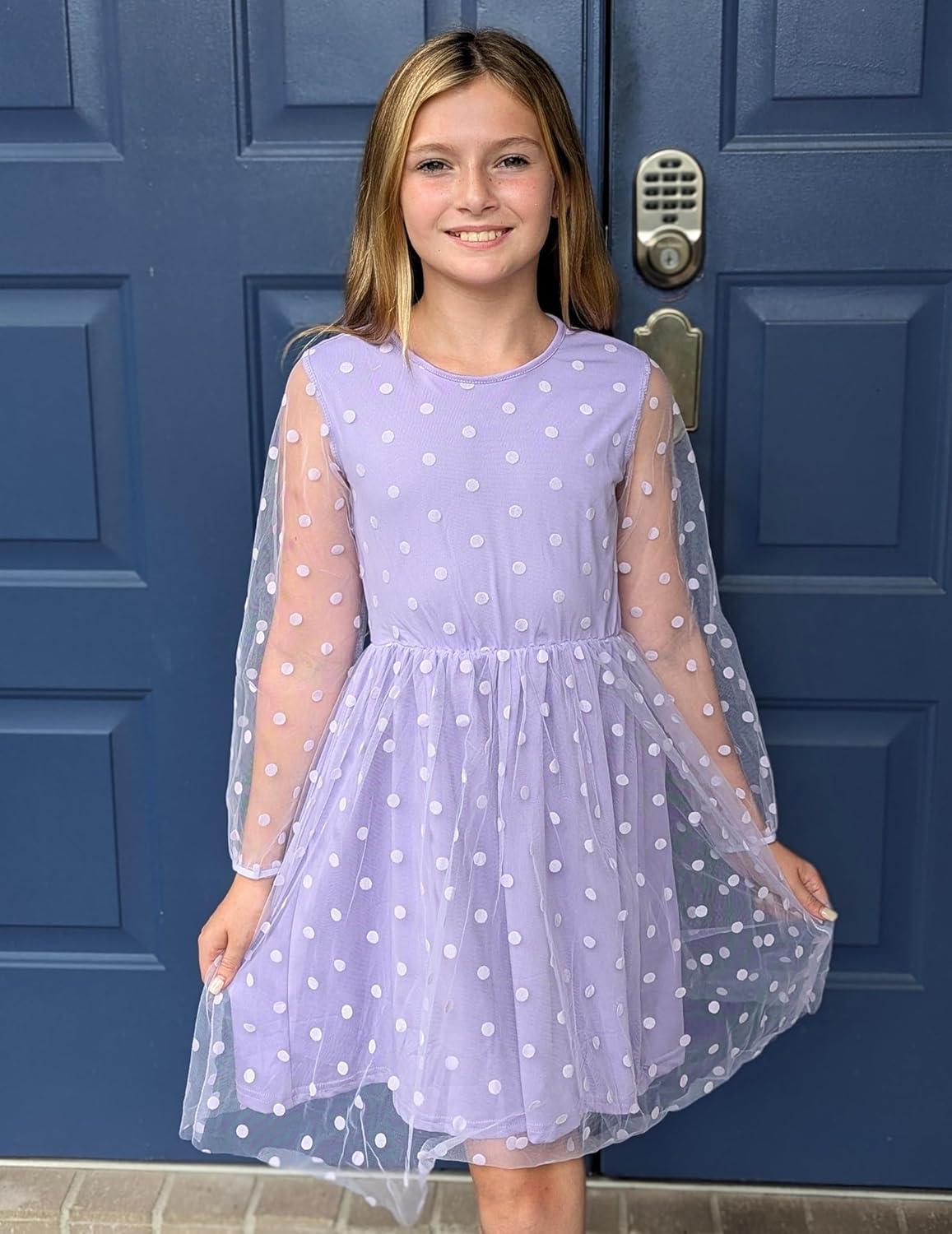 image:imageArshiner Girls Mesh Dress Long Sleeve Tulle Sparkle Glitter Polka Dot Party Holiday Dresses Kids ClothesLilac Purple