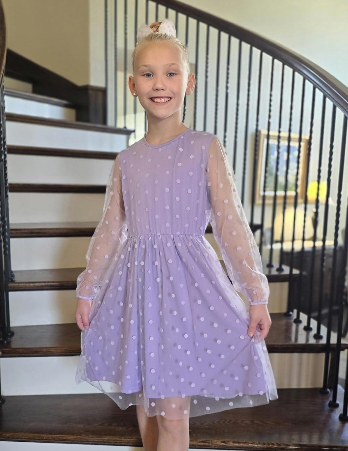 image:imageArshiner Girls Mesh Dress Long Sleeve Tulle Sparkle Glitter Polka Dot Party Holiday Dresses Kids ClothesLilac Purple