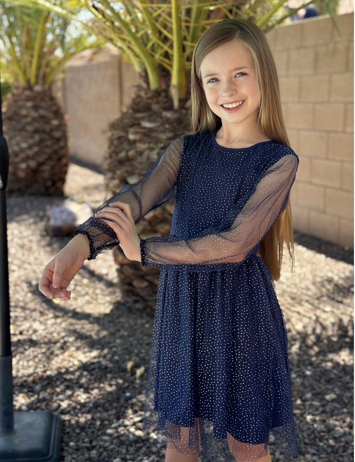 image:imageArshiner Girls Mesh Dress Long Sleeve Tulle Sparkle Glitter Polka Dot Party Holiday Dresses Kids ClothesNavy Blue
