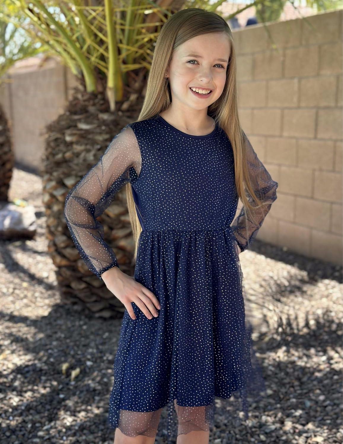 image:imageArshiner Girls Mesh Dress Long Sleeve Tulle Sparkle Glitter Polka Dot Party Holiday Dresses Kids ClothesNavy Blue