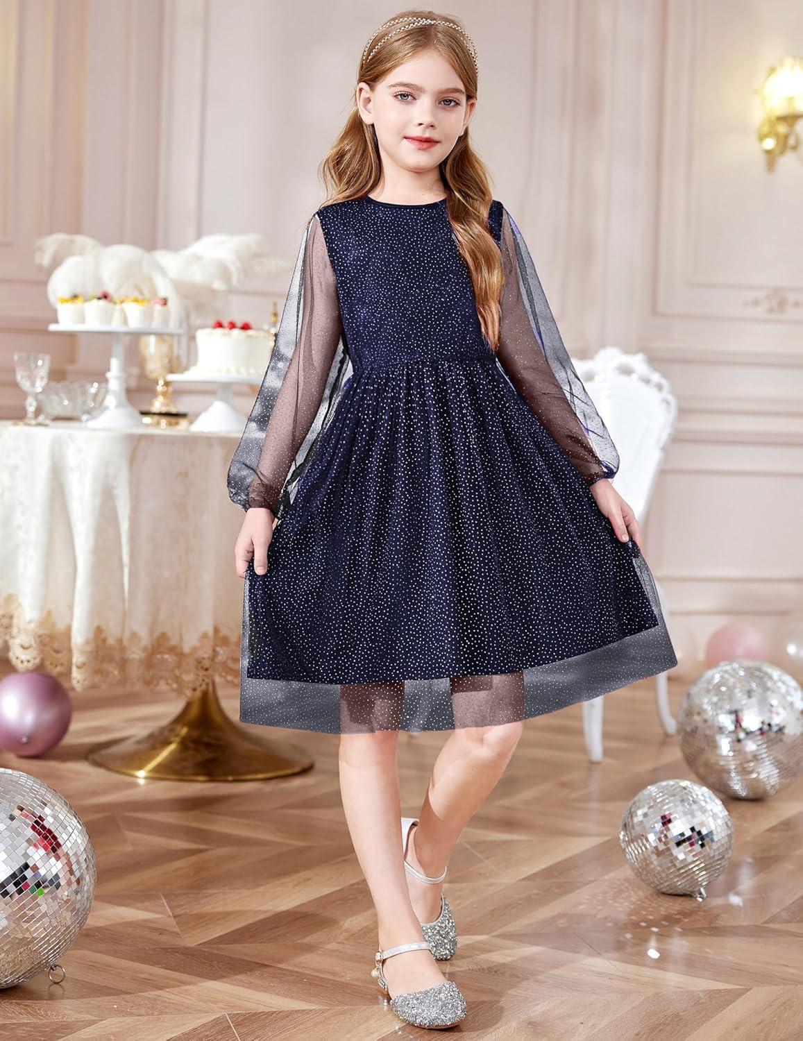 image:imageArshiner Girls Mesh Dress Long Sleeve Tulle Sparkle Glitter Polka Dot Party Holiday Dresses Kids ClothesNavy Blue