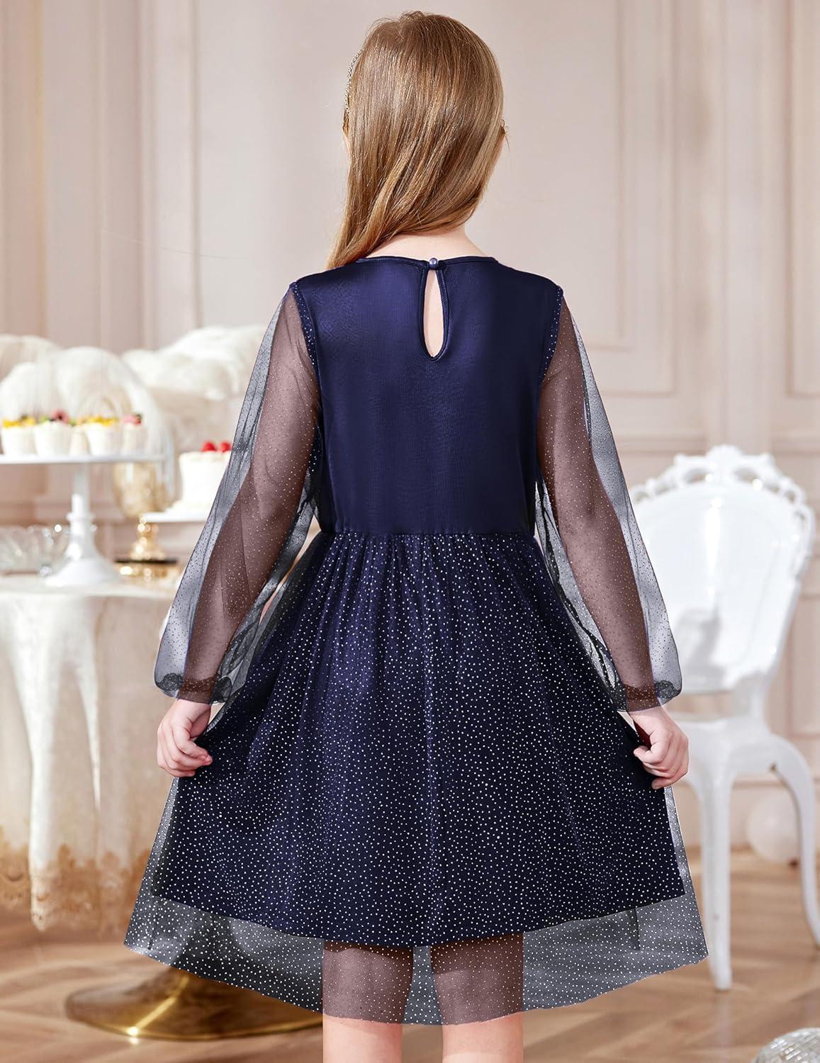 image:imageArshiner Girls Mesh Dress Long Sleeve Tulle Sparkle Glitter Polka Dot Party Holiday Dresses Kids ClothesNavy Blue