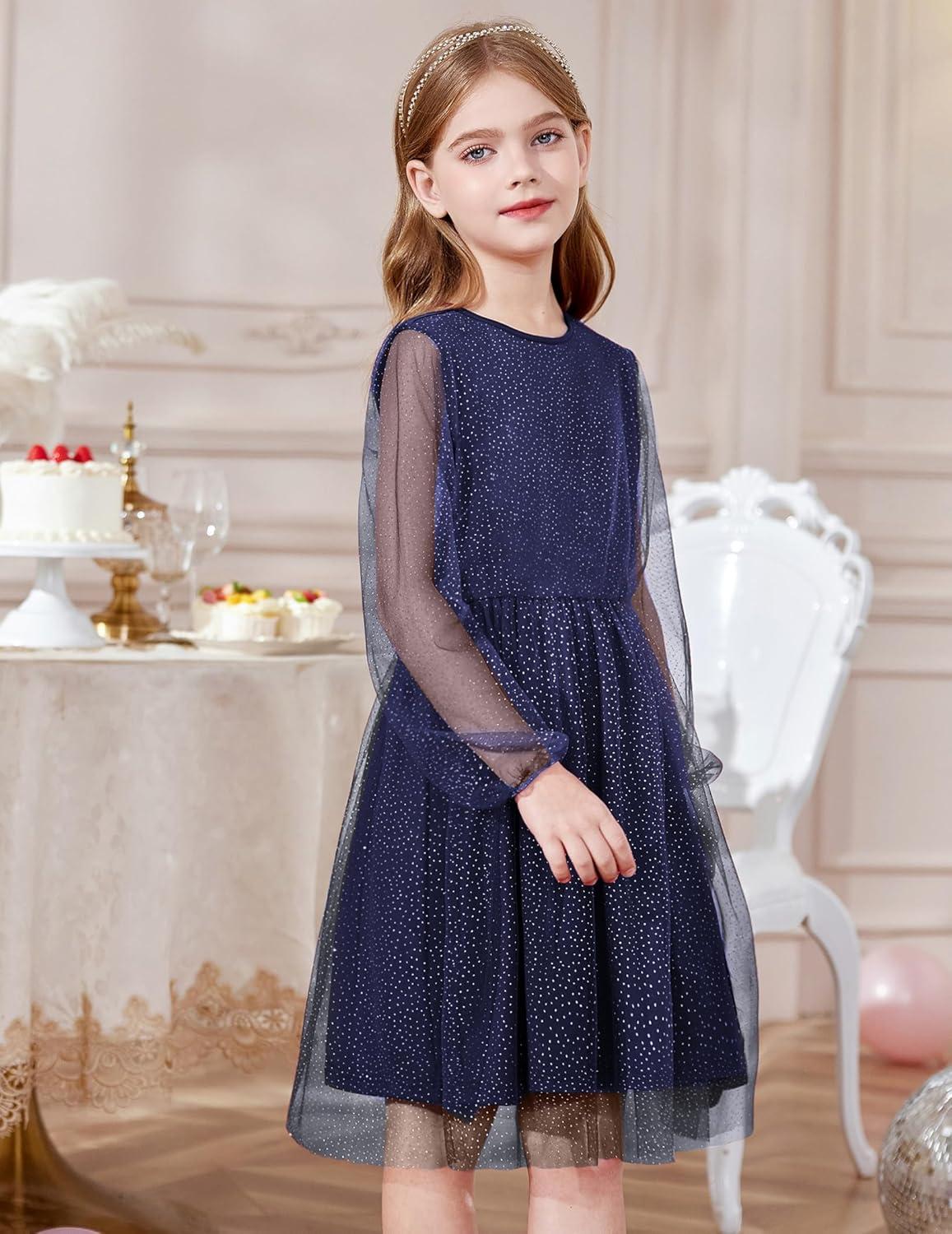 image:imageArshiner Girls Mesh Dress Long Sleeve Tulle Sparkle Glitter Polka Dot Party Holiday Dresses Kids ClothesNavy Blue