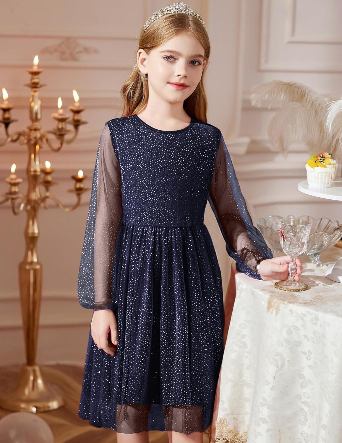 image:imageArshiner Girls Mesh Dress Long Sleeve Tulle Sparkle Glitter Polka Dot Party Holiday Dresses Kids ClothesNavy Blue