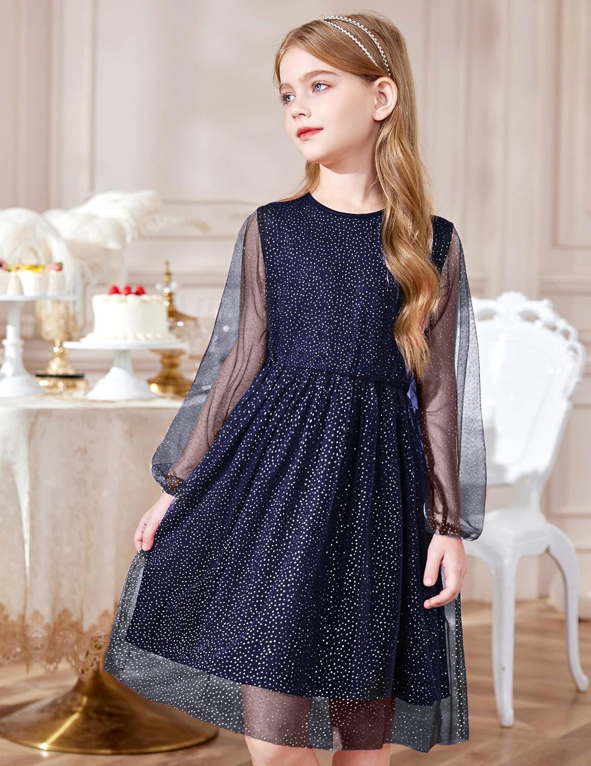 image:imageArshiner Girls Mesh Dress Long Sleeve Tulle Sparkle Glitter Polka Dot Party Holiday Dresses Kids ClothesNavy Blue