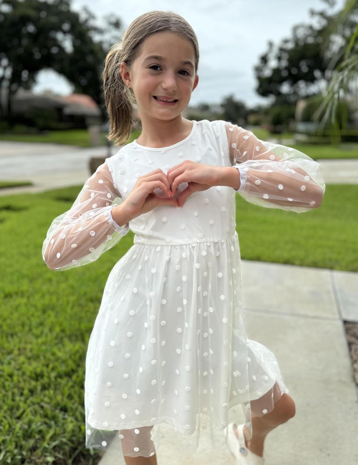 image:imageArshiner Girls Mesh Dress Long Sleeve Tulle Sparkle Glitter Polka Dot Party Holiday Dresses Kids ClothesWhite