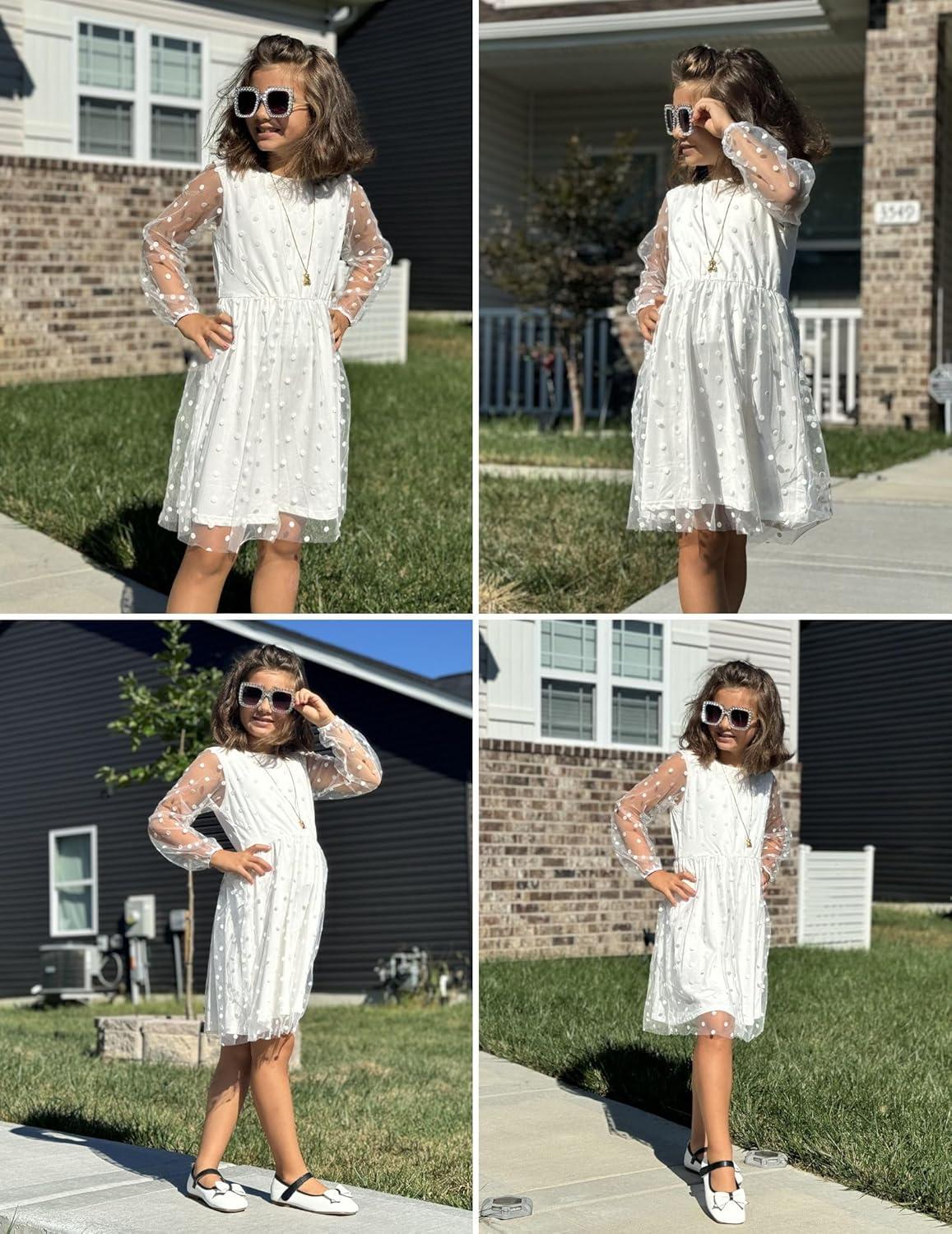 image:imageArshiner Girls Mesh Dress Long Sleeve Tulle Sparkle Glitter Polka Dot Party Holiday Dresses Kids ClothesWhite