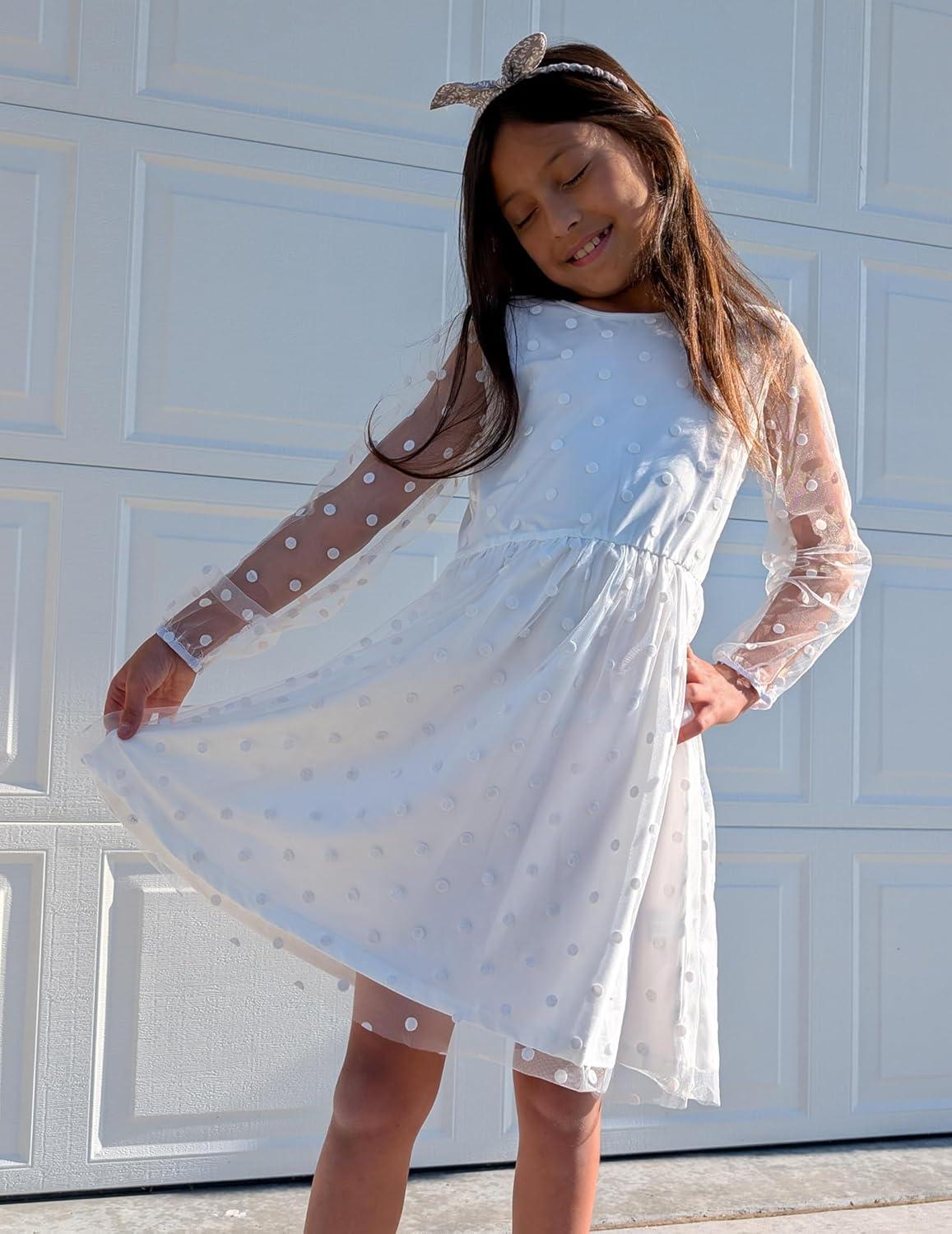 image:imageArshiner Girls Mesh Dress Long Sleeve Tulle Sparkle Glitter Polka Dot Party Holiday Dresses Kids ClothesWhite