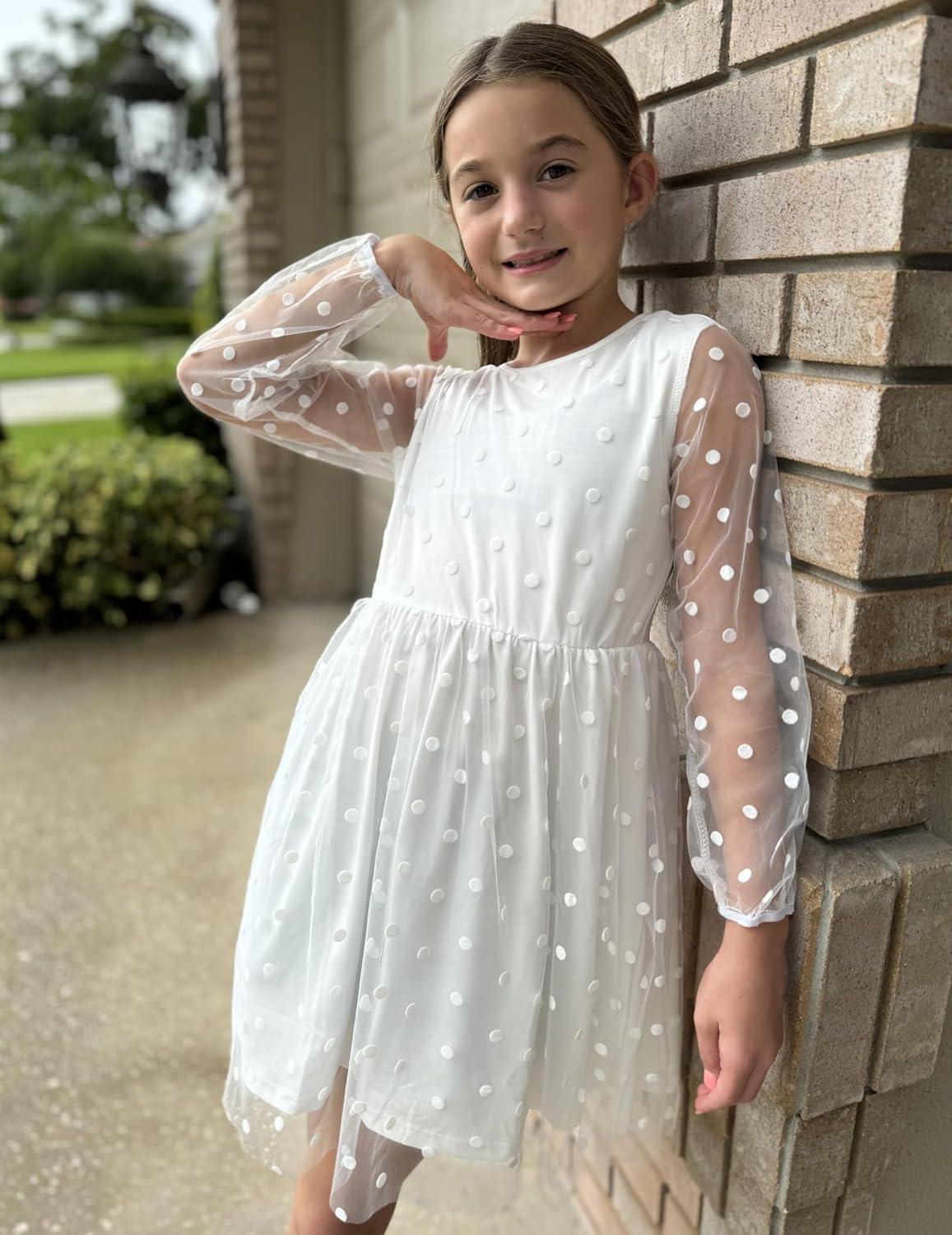 image:imageArshiner Girls Mesh Dress Long Sleeve Tulle Sparkle Glitter Polka Dot Party Holiday Dresses Kids ClothesWhite
