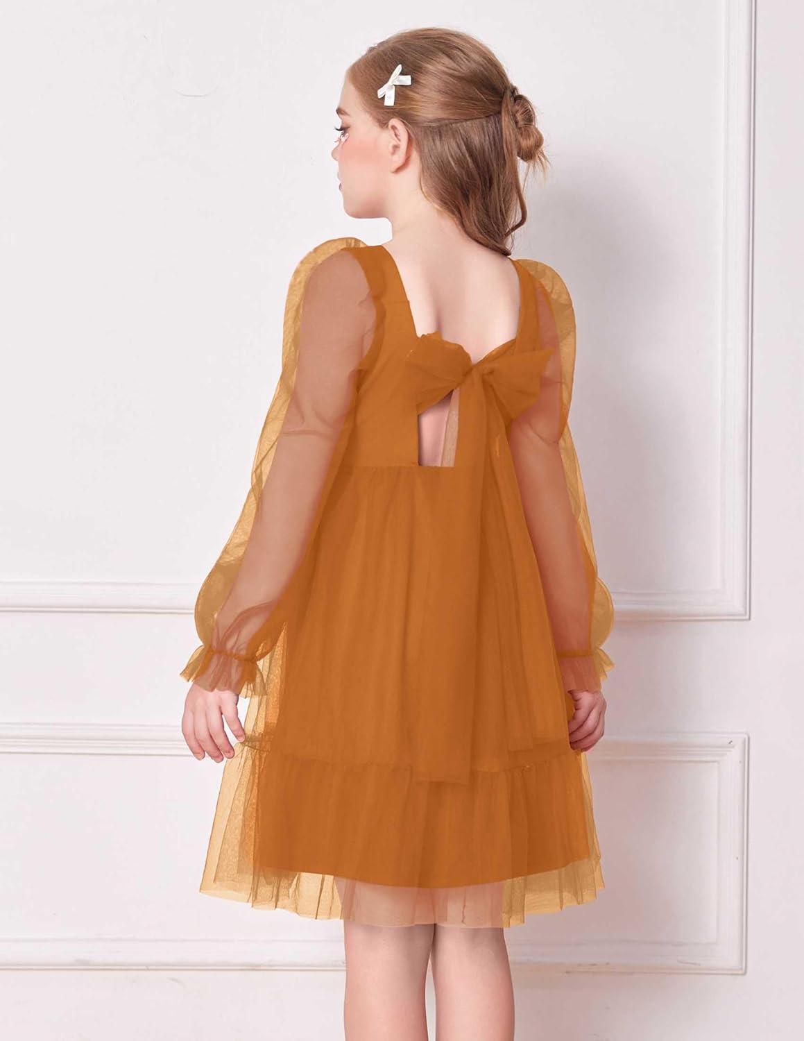 image:imageArshiner Girls Tie Back Dress Puff Long Sleeve Formal Square Neck Party Tulle DressesBrown