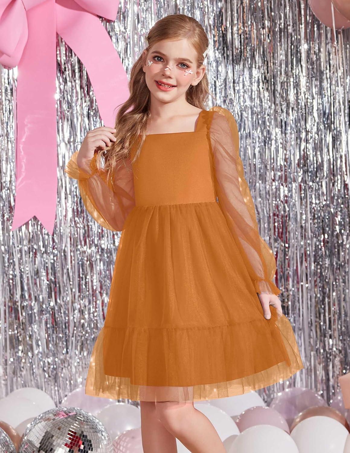 image:imageArshiner Girls Tie Back Dress Puff Long Sleeve Formal Square Neck Party Tulle DressesBrown