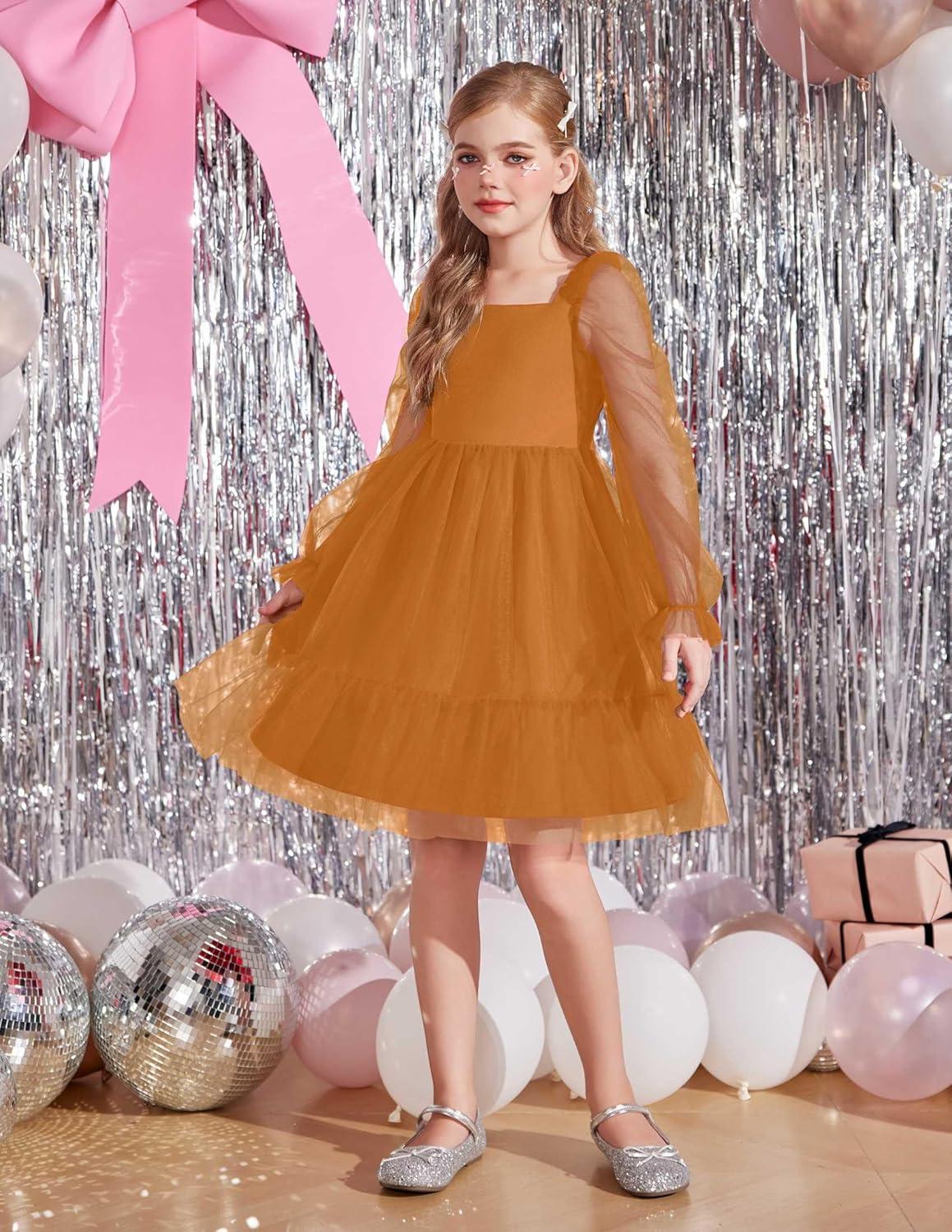 image:imageArshiner Girls Tie Back Dress Puff Long Sleeve Formal Square Neck Party Tulle DressesBrown