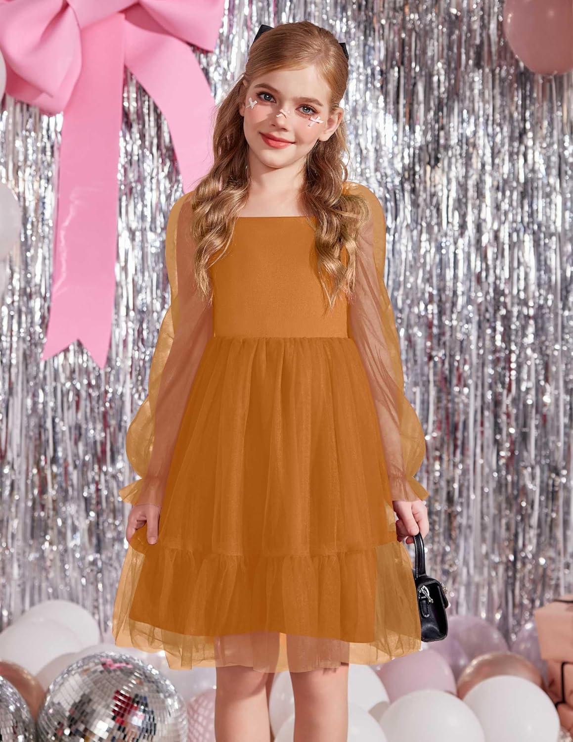 image:imageArshiner Girls Tie Back Dress Puff Long Sleeve Formal Square Neck Party Tulle DressesBrown