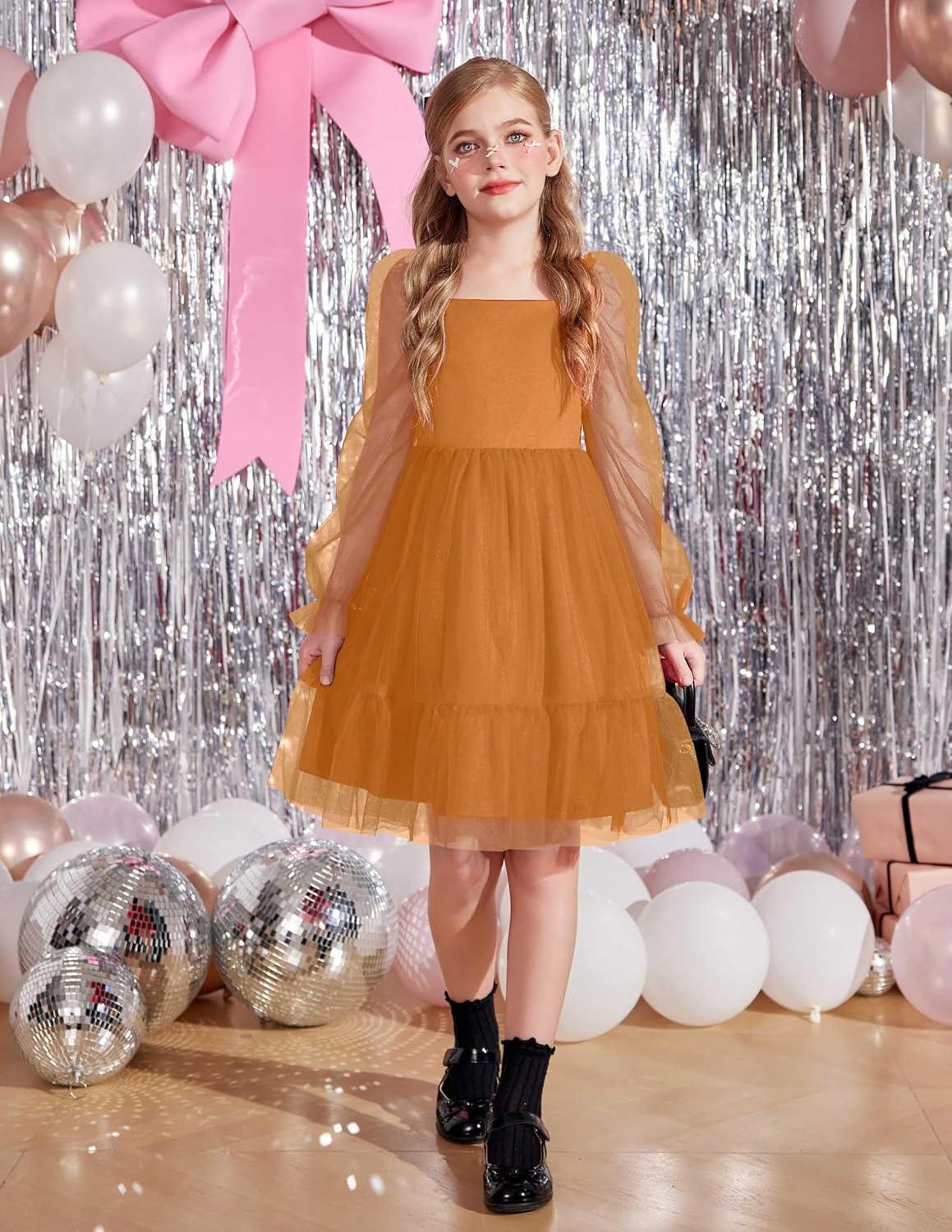 image:imageArshiner Girls Tie Back Dress Puff Long Sleeve Formal Square Neck Party Tulle DressesBrown