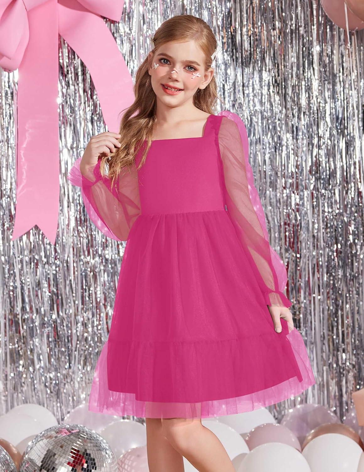 image:imageArshiner Girls Tie Back Dress Puff Long Sleeve Formal Square Neck Party Tulle DressesHot Pink