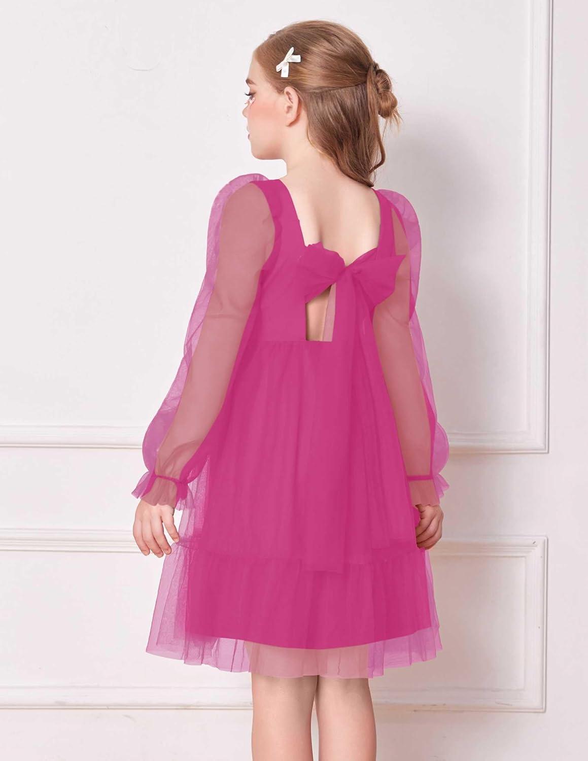 image:imageArshiner Girls Tie Back Dress Puff Long Sleeve Formal Square Neck Party Tulle DressesHot Pink