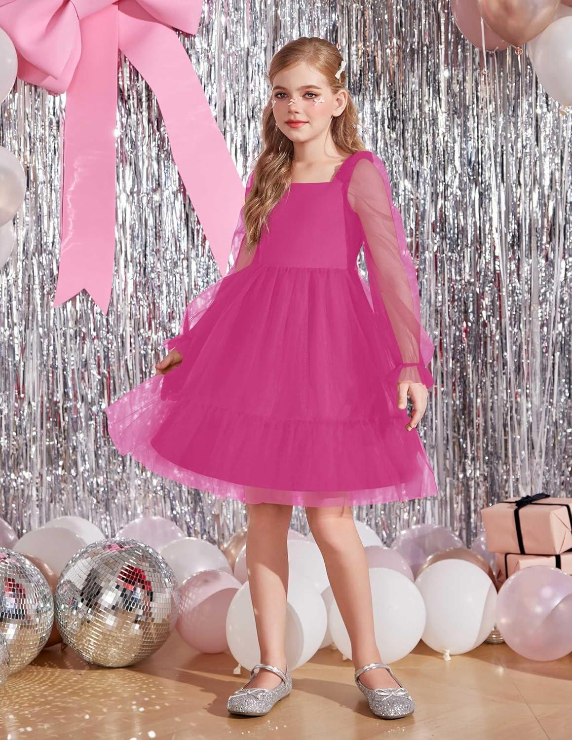 image:imageArshiner Girls Tie Back Dress Puff Long Sleeve Formal Square Neck Party Tulle DressesHot Pink