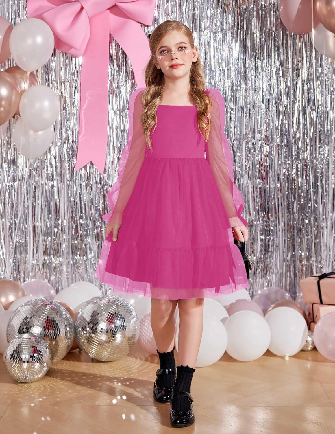 image:imageArshiner Girls Tie Back Dress Puff Long Sleeve Formal Square Neck Party Tulle DressesHot Pink