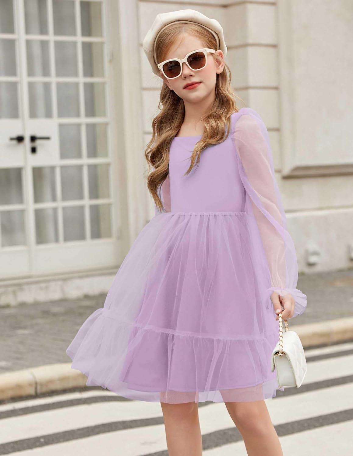 image:imageArshiner Girls Tie Back Dress Puff Long Sleeve Formal Square Neck Party Tulle DressesLilac
