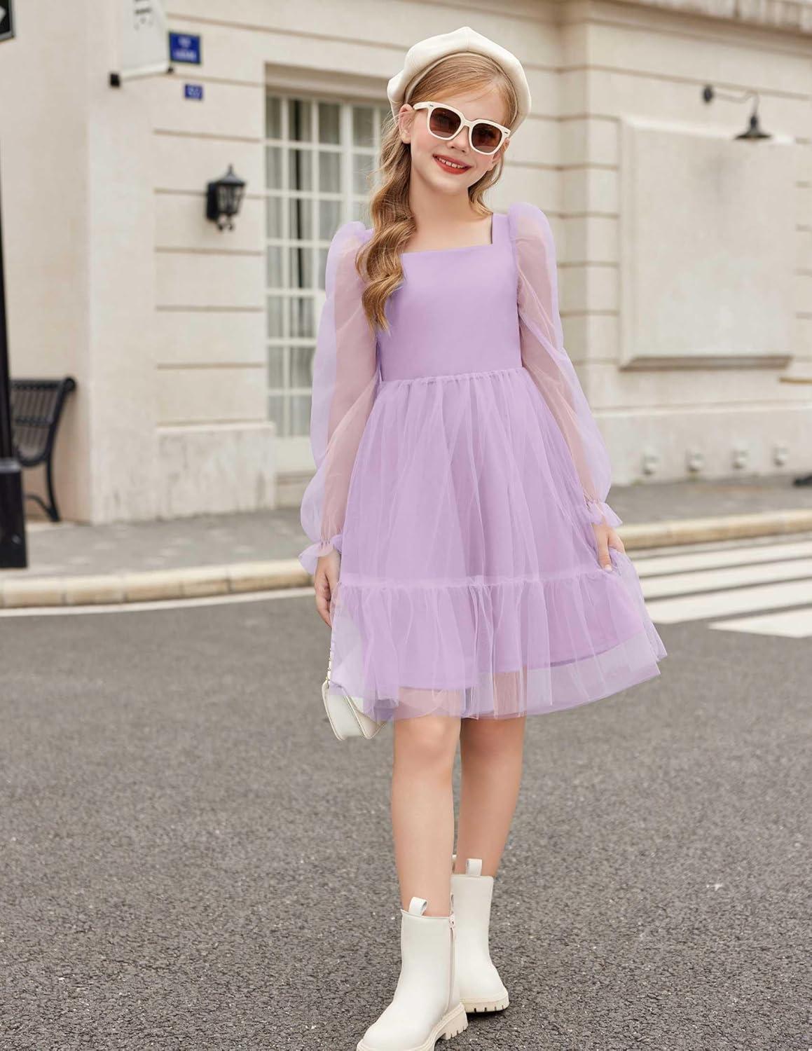 image:imageArshiner Girls Tie Back Dress Puff Long Sleeve Formal Square Neck Party Tulle DressesLilac