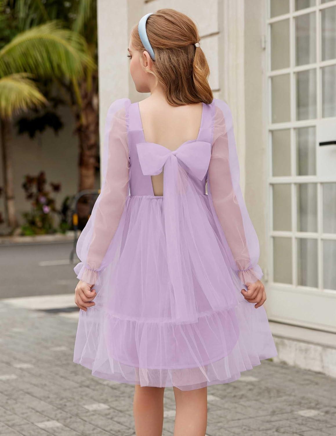image:imageArshiner Girls Tie Back Dress Puff Long Sleeve Formal Square Neck Party Tulle DressesLilac