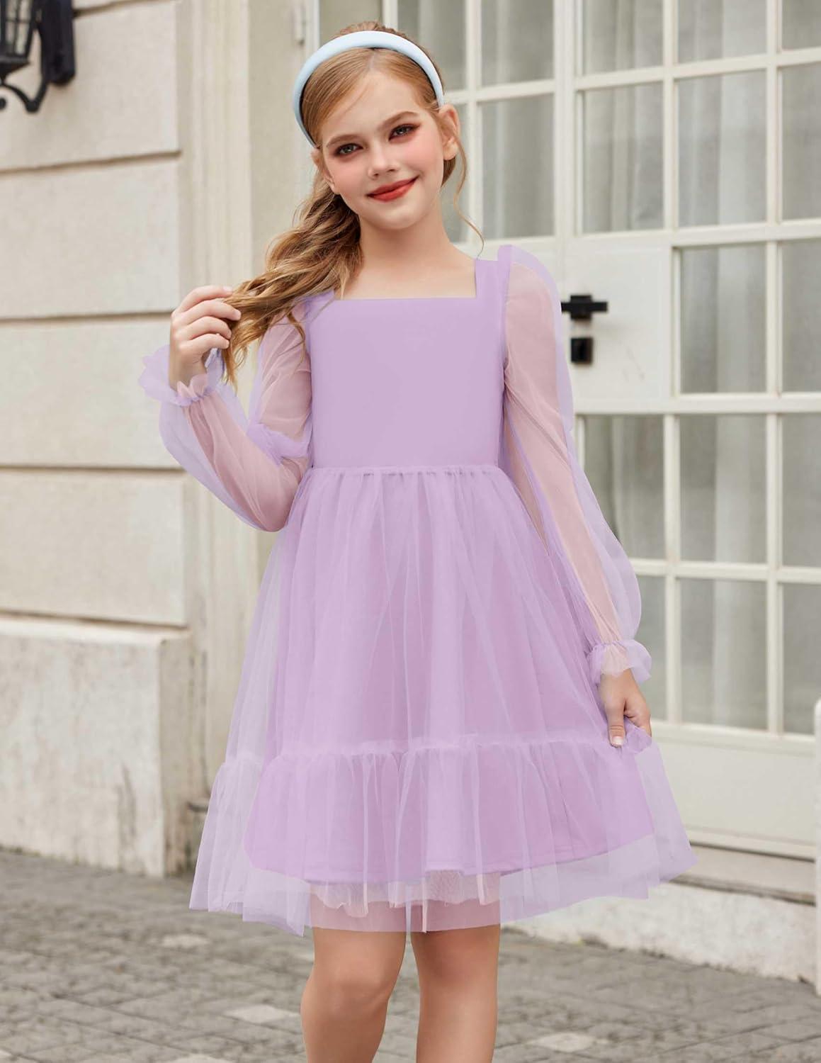 image:imageArshiner Girls Tie Back Dress Puff Long Sleeve Formal Square Neck Party Tulle DressesLilac