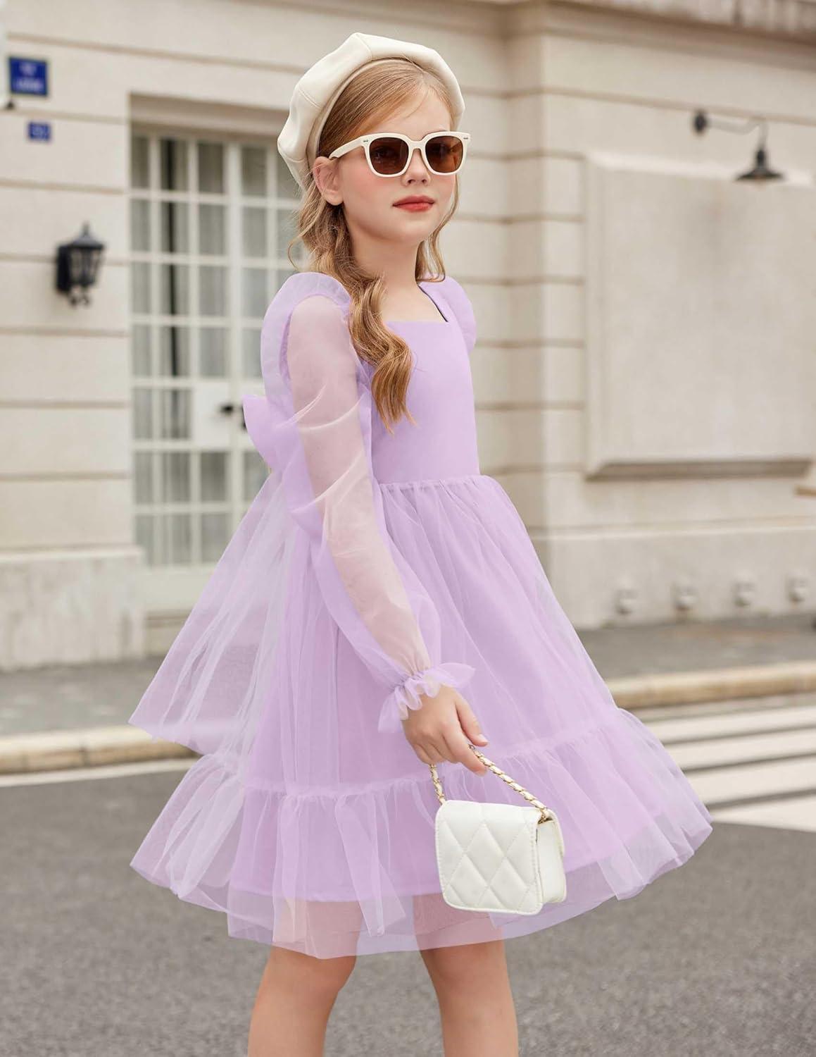 image:imageArshiner Girls Tie Back Dress Puff Long Sleeve Formal Square Neck Party Tulle DressesLilac