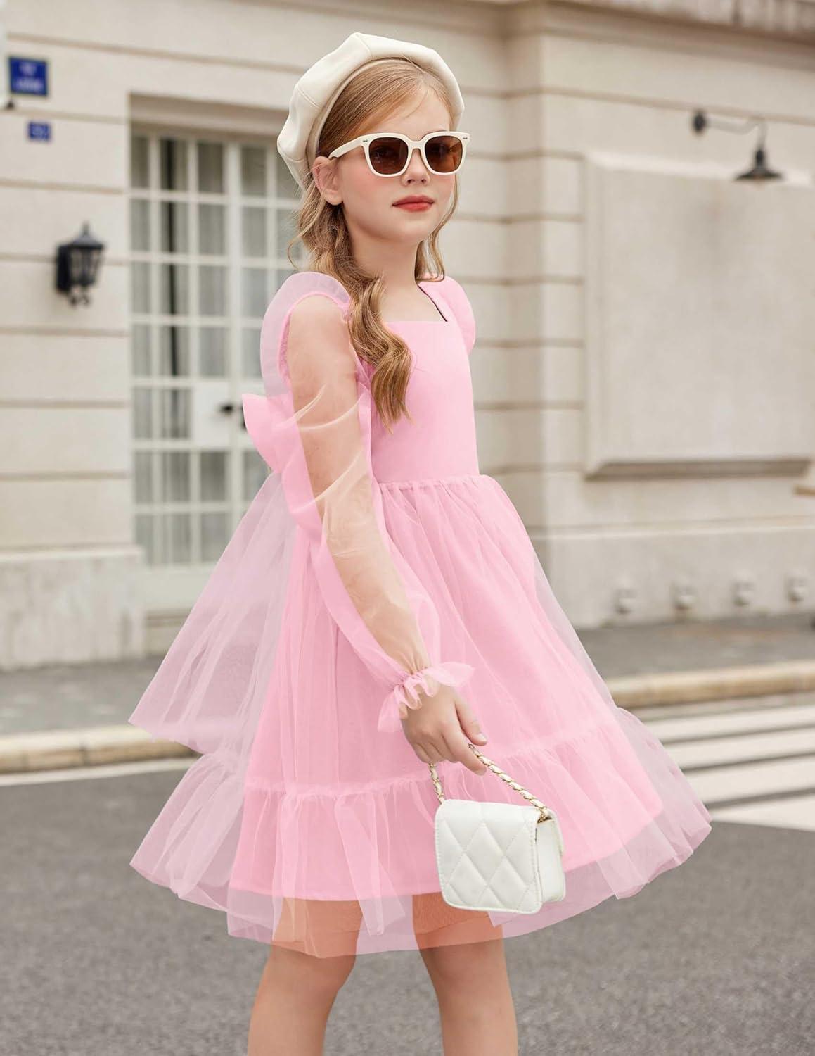 image:imageArshiner Girls Tie Back Dress Puff Long Sleeve Formal Square Neck Party Tulle DressesPink
