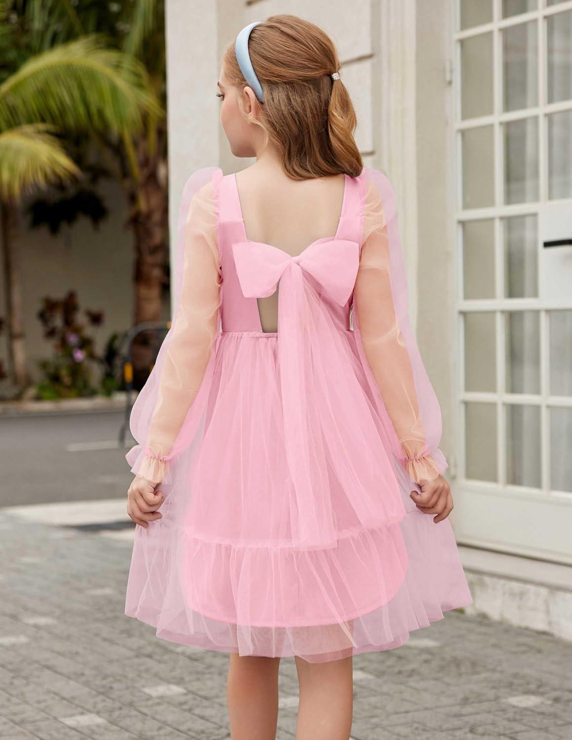 image:imageArshiner Girls Tie Back Dress Puff Long Sleeve Formal Square Neck Party Tulle DressesPink