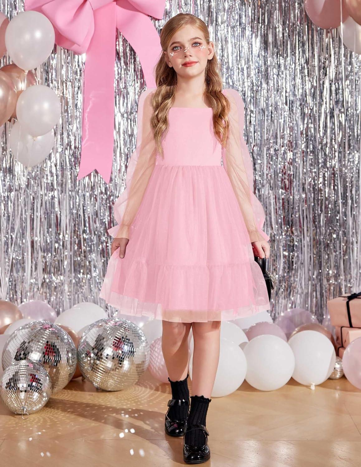 image:imageArshiner Girls Tie Back Dress Puff Long Sleeve Formal Square Neck Party Tulle DressesPink