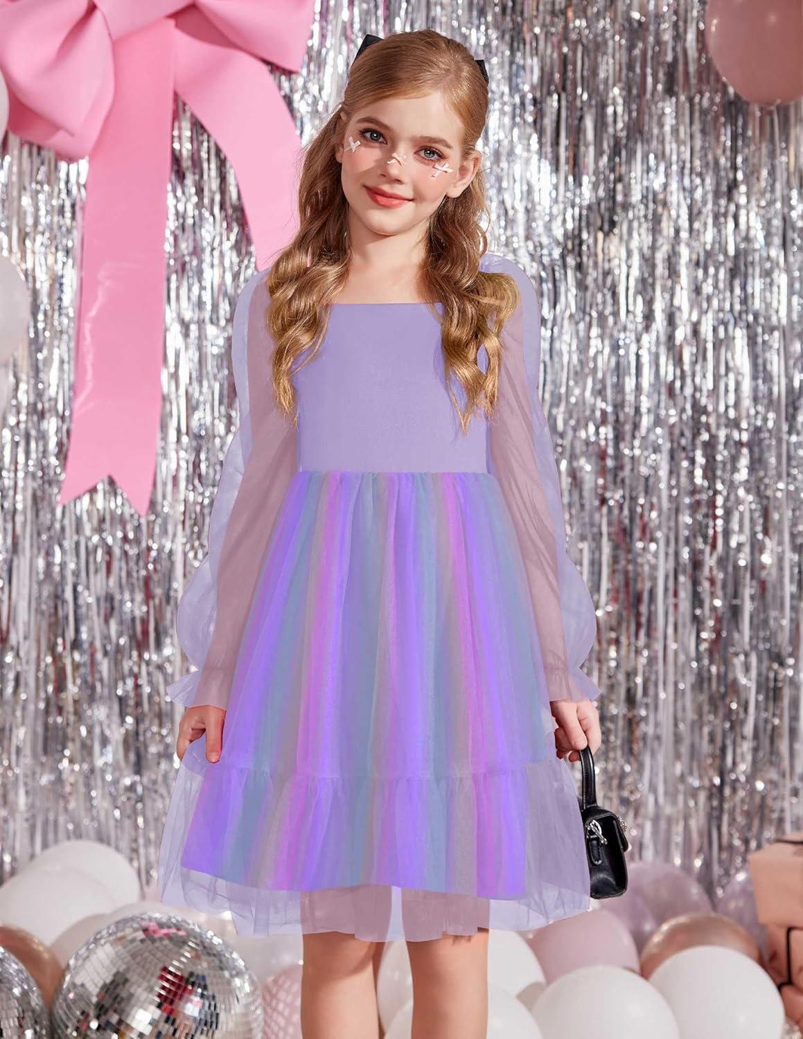 image:imageArshiner Girls Tie Back Dress Puff Long Sleeve Formal Square Neck Party Tulle DressesPurple Rainbow